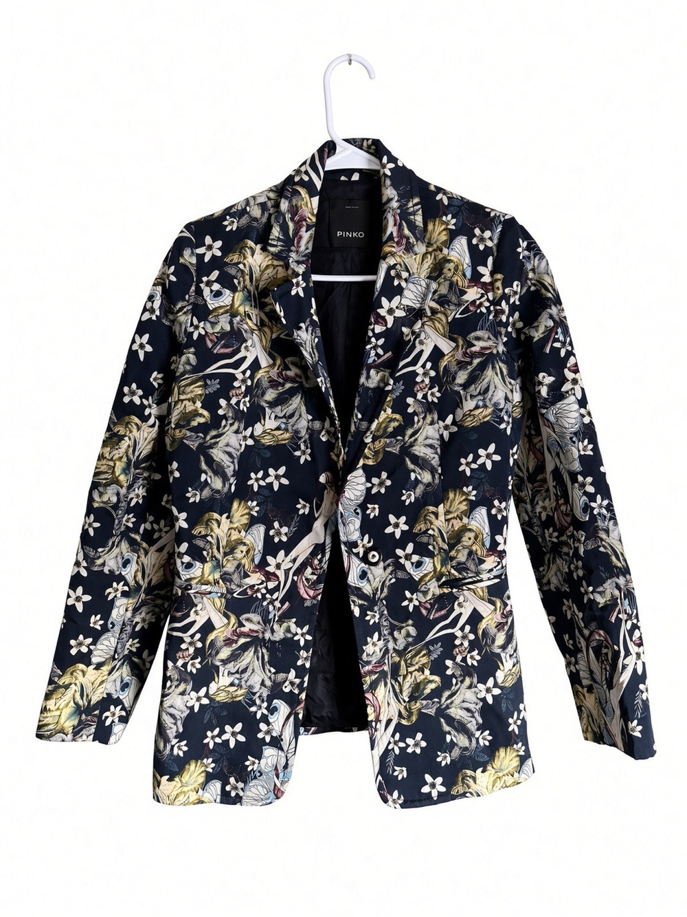 Pinko Navy Floral Lightweight Blazer Cream & Gold Accents Natural Italian Stitch